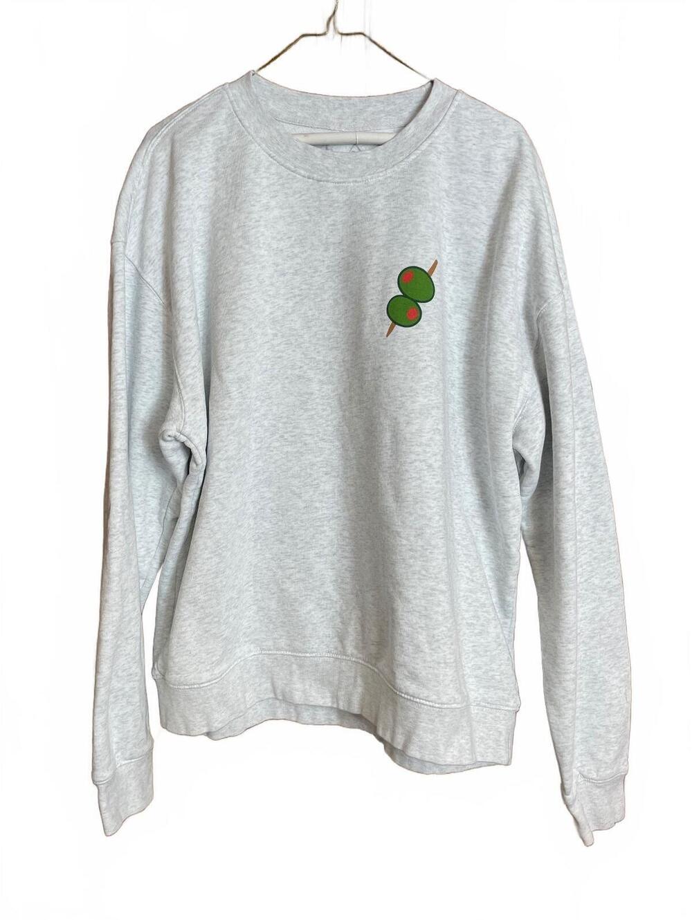 Sweatshirt with olive front graphic and lips, cherry on back, large
